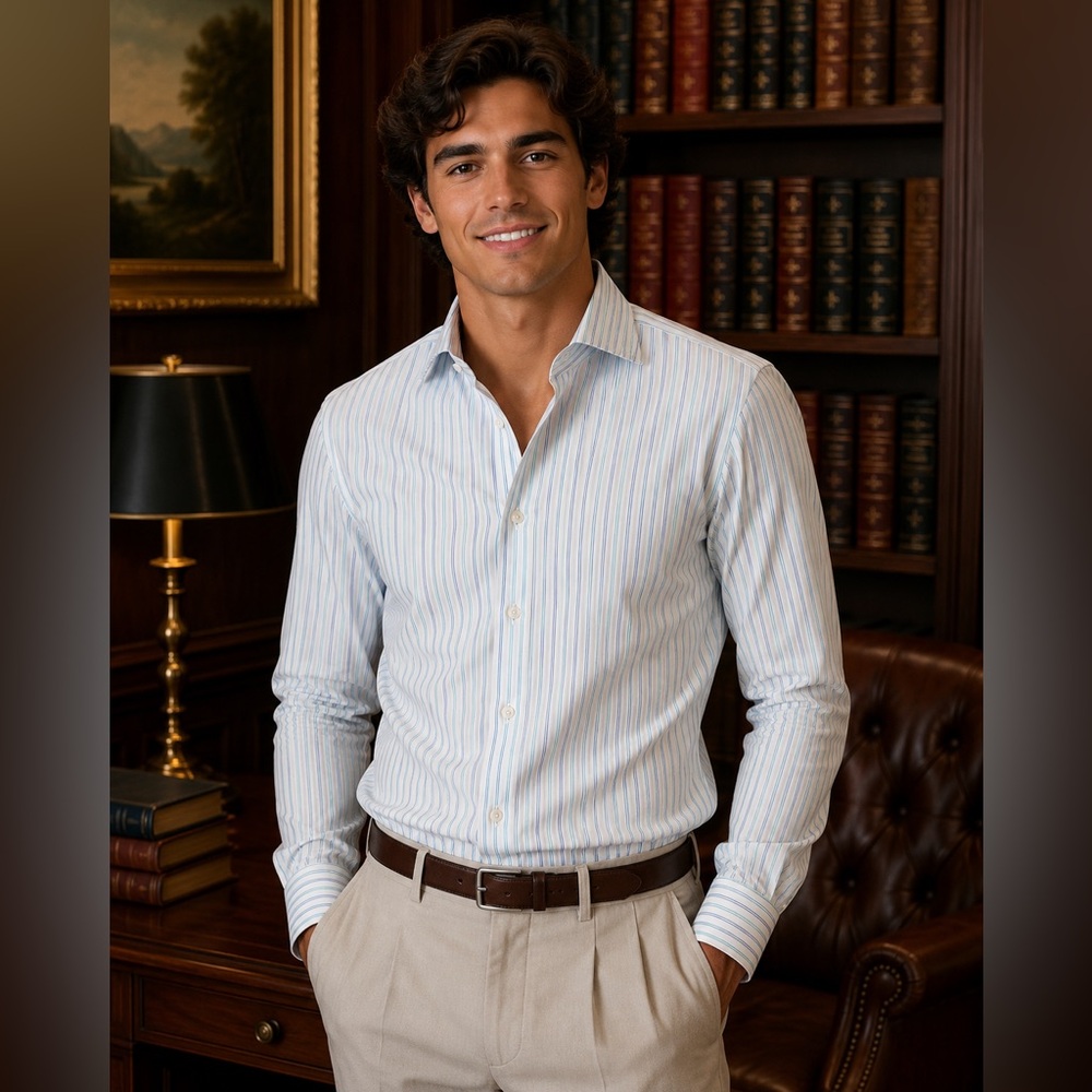 ISAIA Light Perriwinkle & Mint Green Striped Dress Shirt - Picture 2 of 3